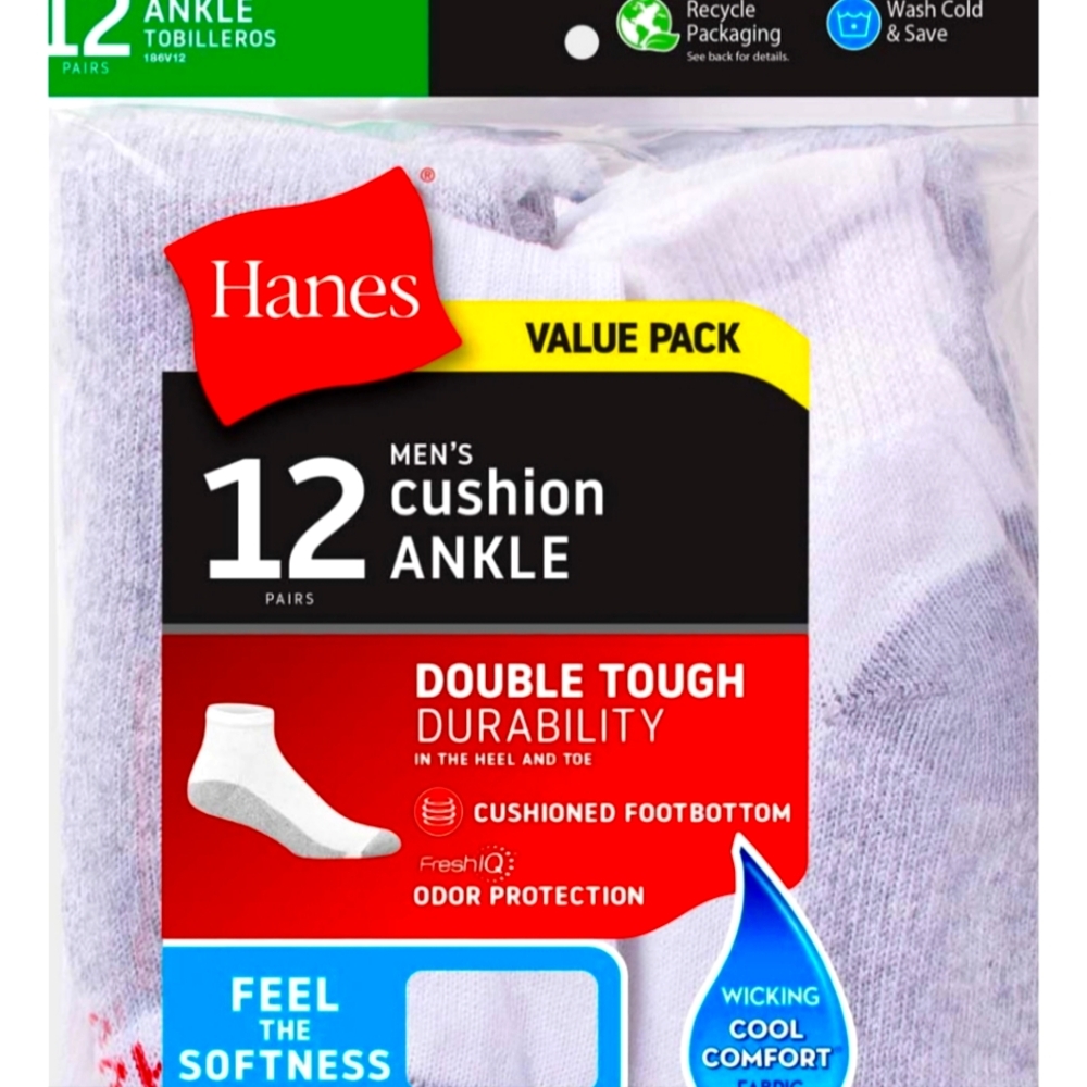 Brand New, Mens, Hanes 12pk White Ankle Socks, Soft/Oder & Cooling Control!